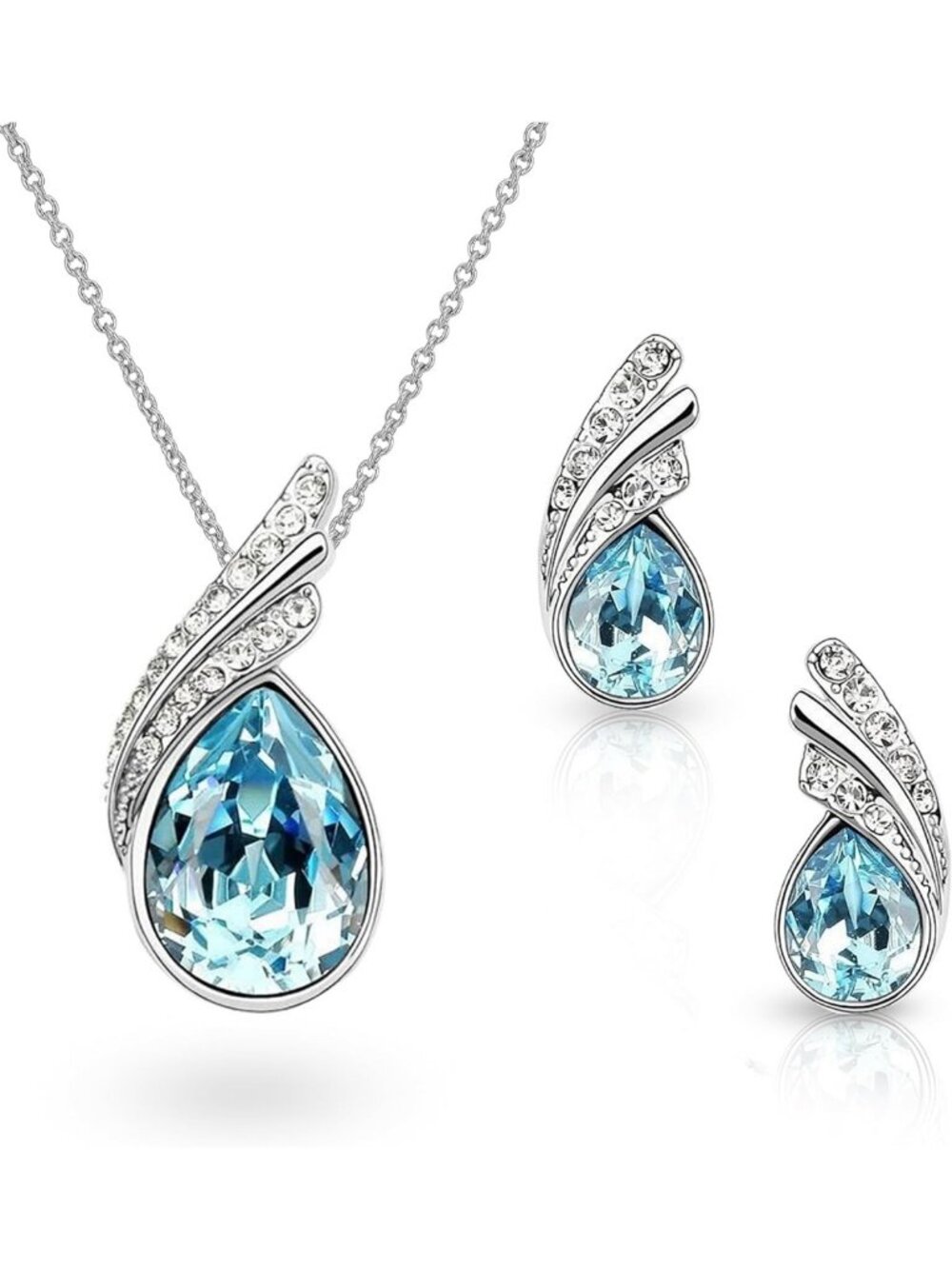 Blue Aquamarine Teardrop Crystal Pendant Necklace & Earrings Set, 18K White Gold